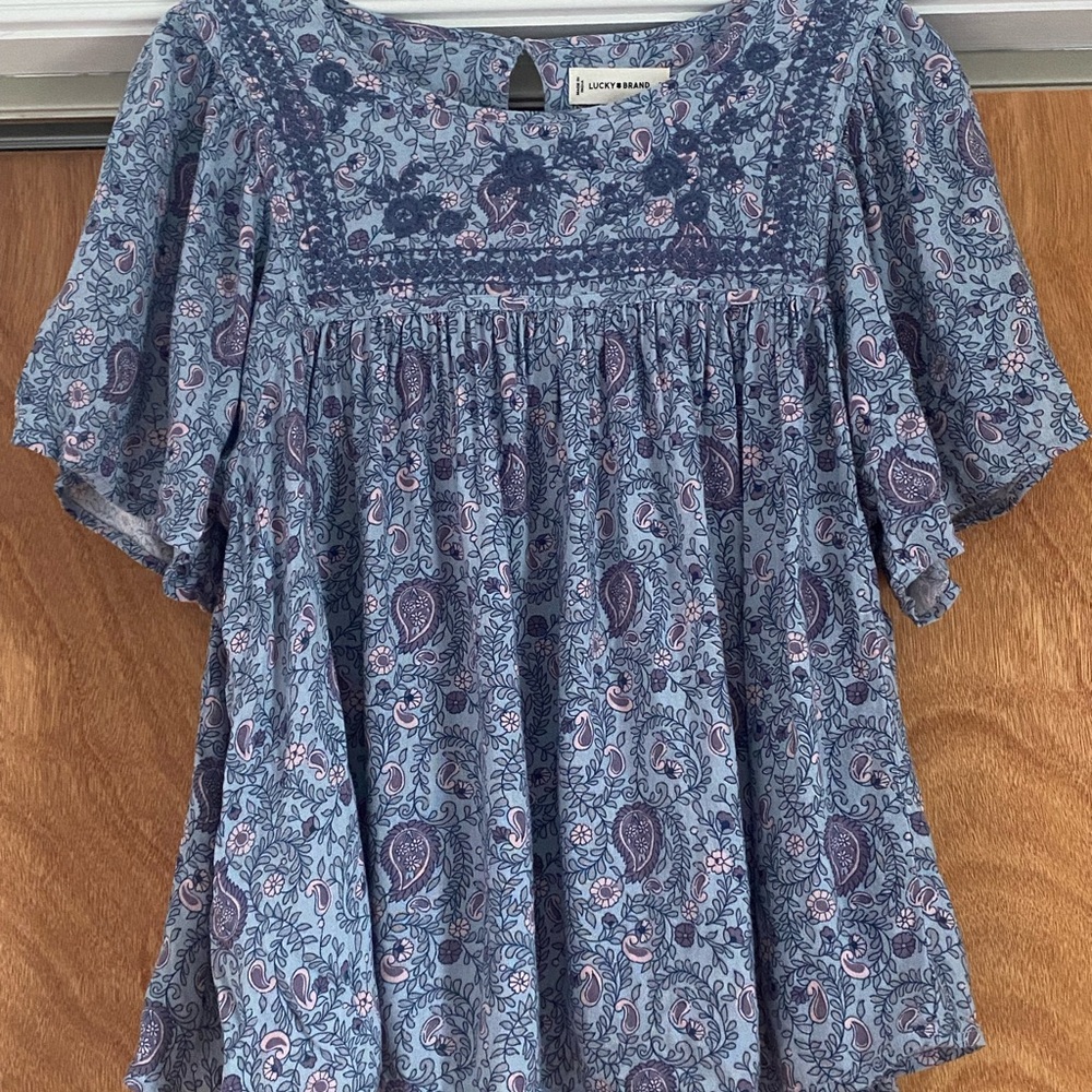 Lucky Brand Blue Paisley Embroidered Peasant Blouse Flowy Boho Top S